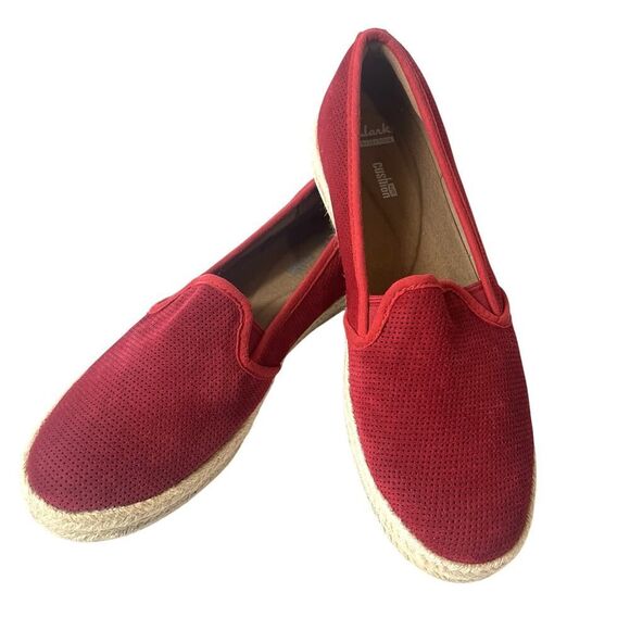 Clarks Collection Womens 9.5 W Comfort Casual Red Fabric Espadrille Slip On Flat - Picture 3 of 11